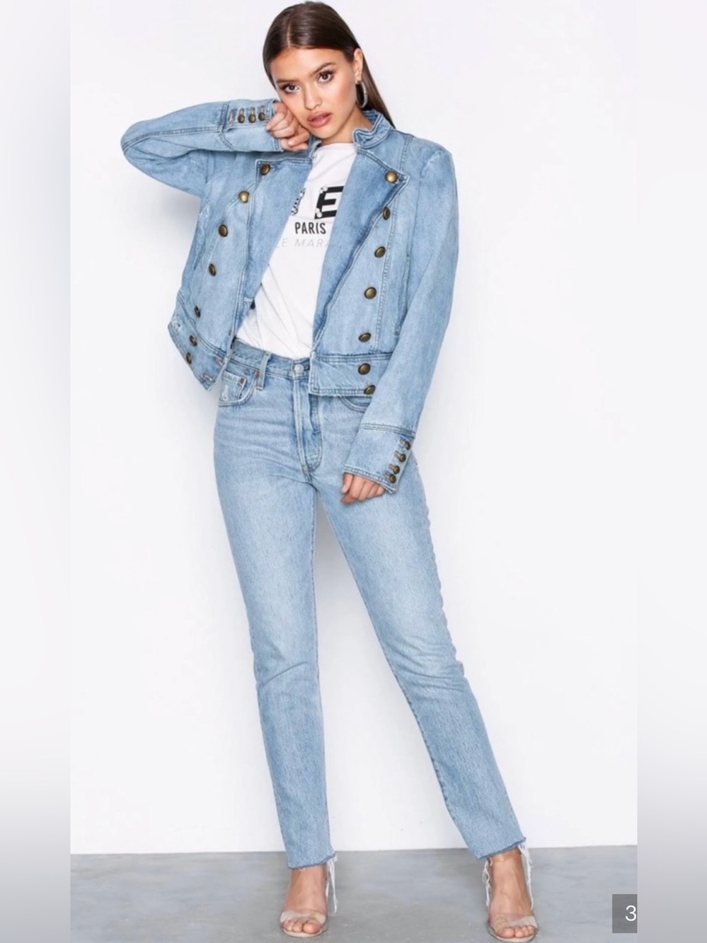 Free People Light Blue Denim Military-Button Jacket
